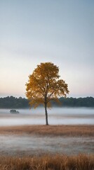 Solitary Golden Tree in Misty Field at Dawn