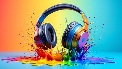 Vibrant Rainbow Splash Headphones Music, Audio, and Colorful Sound