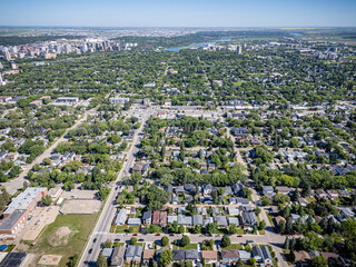 City view from above with many houses and a river