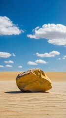 Small Yellow Rock Casting a Long Shadow on a Sandy Plain under a Bright Blue Sky