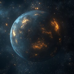 A dark planet with glowing orange lights in space surrounded by stars and cosmic dust clouds view