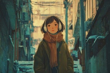Fototapeta premium Girl Walking Through a Snowy Cityscape with Headphones and Dreamy Expression