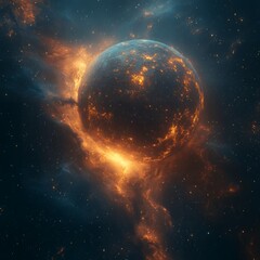 A cosmic sphere surrounded by fiery nebula and distant stars in a vast and dark space environment view