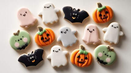 Cute Halloween cookies shaped like ghosts, bats and pumpkins decorated with pastel icing on white background perfect for seasonal treats, kids parties and spooky celebration visuals