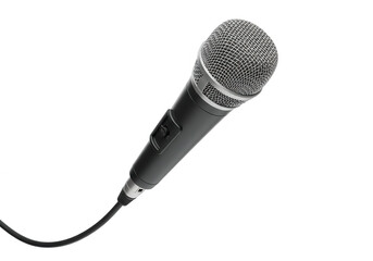 A black microphone with a silver grill sits isolated on a white background, ready for recording vocals