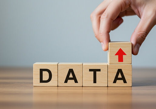 Data analysis strategy concept with wooden blocks and arrow for business analytics and insights