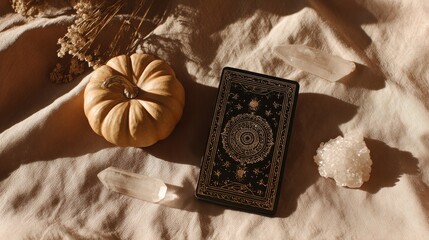Halloween tarot scene with crystal stones, beige pumpkin and mystical card on linen fabric in warm light perfect for spiritual seasonal content, witchy inspiration and autumn rituals