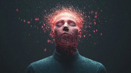 A digital human head composed of glowing red data points and particles, symbolizing artificial intelligence and advanced technology.