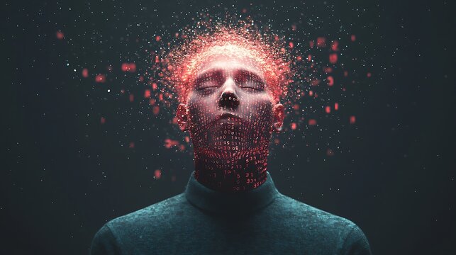 A digital human head composed of glowing red data points and particles, symbolizing artificial intelligence and advanced technology.