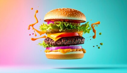 Juicy Double Cheeseburger with Fresh Toppings, Flying in Mid-Air