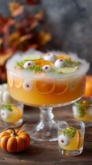 Fototapeta premium Playful Halloween Punch Bowl with Floating Lychee Eyeballs & Citrus Fog