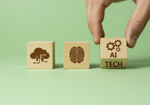 Artificial intelligence ai tech cloud computing and brain power concept on wooden blocks on green background
