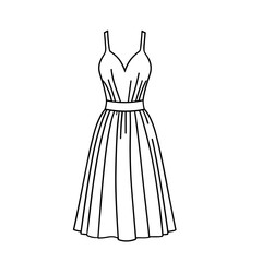 Simple line drawing of a sleeveless sundress with spaghetti straps, a fitted bodice, and a full, pleated skirt.