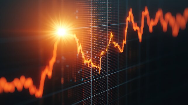 A dynamic orange stock market graph with fluctuating data points glows against a dark digital background, highlighting financial trends and economic analysis.