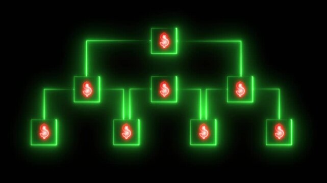 Glowing neon line dollar sign hierarchy monogram chart animation isolated on black background