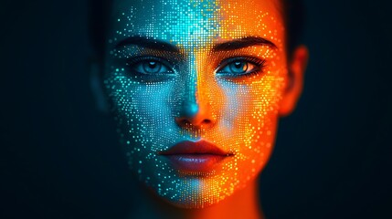 A close-up portrait of a woman"s face digitally illuminated with blue and orange light dots forming a futuristic, tech-inspired pattern.