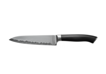 A sharp serrated knife with a silver blade and black handle isolated on transparent background