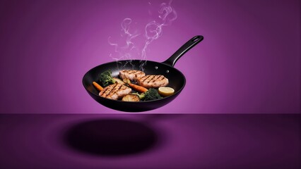 Floating frying pan with grilled chicken, vegetables and steam on vibrant purple background.