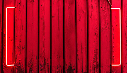 Cinematic red neon glow on vertical wood planks with worn surface textures
