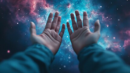 Two hands reaching out towards a colorful, star-filled cosmic sky, symbolizing wonder and connection with the universe.