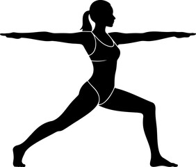 Fototapeta premium Vector line art of Warrior II Pose (Virabhadrasana II), representing power, focus, and grounding in yoga practice, on white background. 