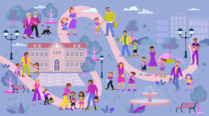 Happy kids and their parents are walking to school through the park. Joyful family scene. Cartoon map of the park near the school. Loving parents and school children. Vector flat illustration