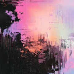 Abstract painting with pink and orange hues and dark textured areas creating a unique visual effect