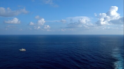 Obraz premium Vast sea with setting sun shining on endless water surface, blue sky with white clouds on the horizon, and ripples rising from deep ocean bottom, forming a magnificent natural landscape.