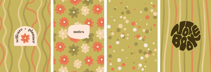 Collection of vector flat cartoon style cute design cover templates for stationary, ads, branding and posters in pastel green colors. Minimalistic feminine illustrations of simple groovy backgrounds