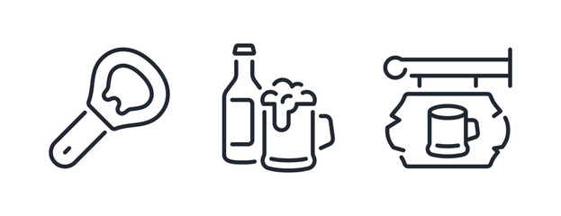 Beer glass, bottle opener and wooden brewery signboard editable stroke outline icons set isolated on white background flat vector illustration. Pixel perfect. 64 x 64.	