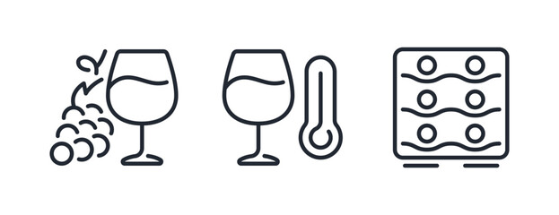 Wine glass with grape, thermometer, temperature and wine fridge editable stroke outline icons set isolated on white background flat vector illustration. Pixel perfect. 64 x 64.	