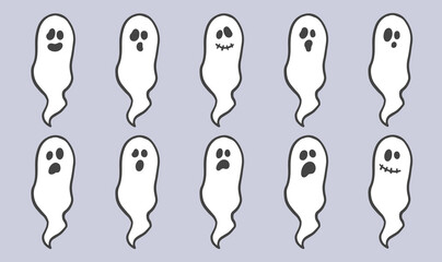 Cute ghost halloween characters collection hand drawn doodle set vector illustration. Funny holiday scary decoration.