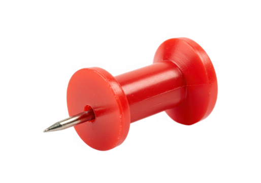 A red plastic pushpin with a sharp metal point isolated on a white background