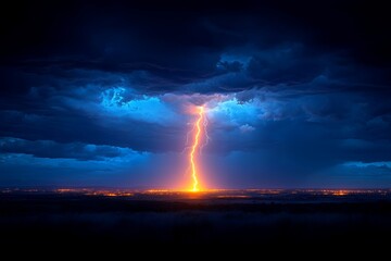 Fototapeta premium A dramatic lightning strike illuminating the horizon under a dark and cloudy night sky above a city