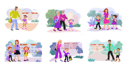 Set of parents and children. A happy family walking together holding hands. Parents accompany their kids to school or kindergarten through the park. Vector illustration of mom, dad, kids.