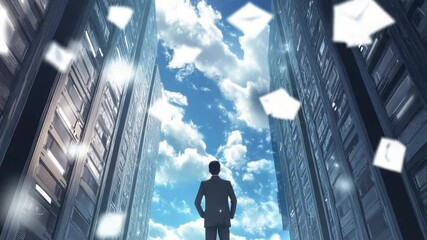 Data scientist standing between computer servers with an optimistic sky view - Powered by Adobe
