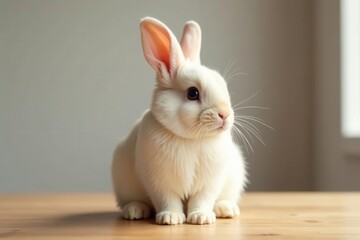 Obraz premium Fluffy bunny sits on wooden table, pure white backdrop, pet, clean, cute