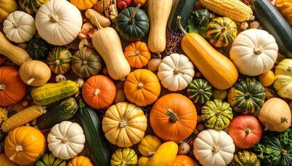 Festive Flat-Lay Seamless Pattern of Freshly Harvested Fall Vegetables and Gourds