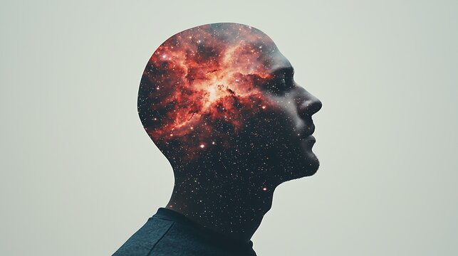 A silhouette of a person's profile filled with a vivid cosmic nebula, symbolizing imagination and the universe within the mind.