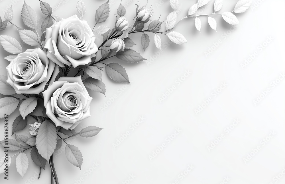 Fototapete elegant 3d rendered monochrome roses with leaves arranged in minimalist flat lay, top view compositi