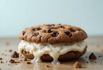 Fototapeta premium Chocolate chip cookie sandwich with vanilla ice cream, melted edges and crumbs, close-up, dessert concept image.