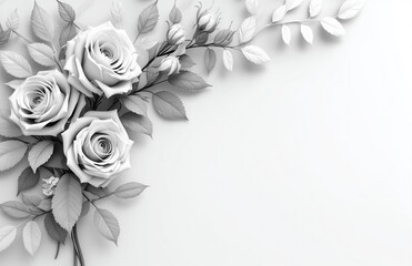 Elegant 3D rendered monochrome roses with leaves arranged in minimalist flat lay, top view composition on pure white background featuring deliberate right side white space.​