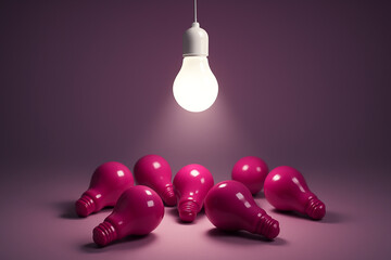 3D white plastic lightbulb glowing above a group of magenta bulbs, soft shadows and gradient background for creative leadership