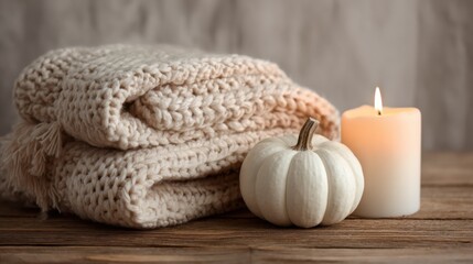 White Halloween pumpkin, knitted blankets and burning candle arranged on rustic wooden table in warm soft lighting perfect for cozy autumn visuals and seasonal home styling content