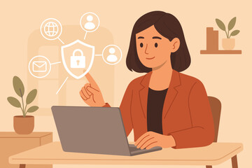 Cybersecurity and data protection concept. Businesswoman at laptop selecting security shield icon on virtual screen. Internet safety, network firewall, online privacy technology.