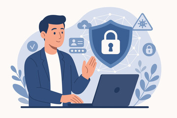 Businessman Demonstrates Cybersecurity Concept, Internet Data Protection, Virus Defense, Online Security, Personal Information Privacy, Secure Laptop, Digital Network Safety