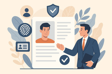 Know Your Customer KYC Concept. Business Identity Verification, Client Authentication, Personal Data Protection, Secure Profile, Fingerprint, ID Card, Compliance, Flat Vector