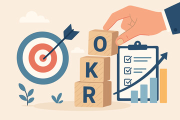 OKR objectives key results concept, hand stacking wooden cubes, business target, performance management, goal setting, checklist, growth chart, arrow, achieving success