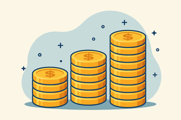Stacks of gold coins increasing in height, financial growth, wealth accumulation, saving money, investment, banking, business success, modern flat vector illustration
