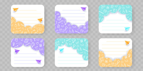 Set of colorful school themed labels with doodle pattern borders, realistic paper planes and lined space for text. Hand drawn educational templates for notebook, stickers, planners, kids tags etc.